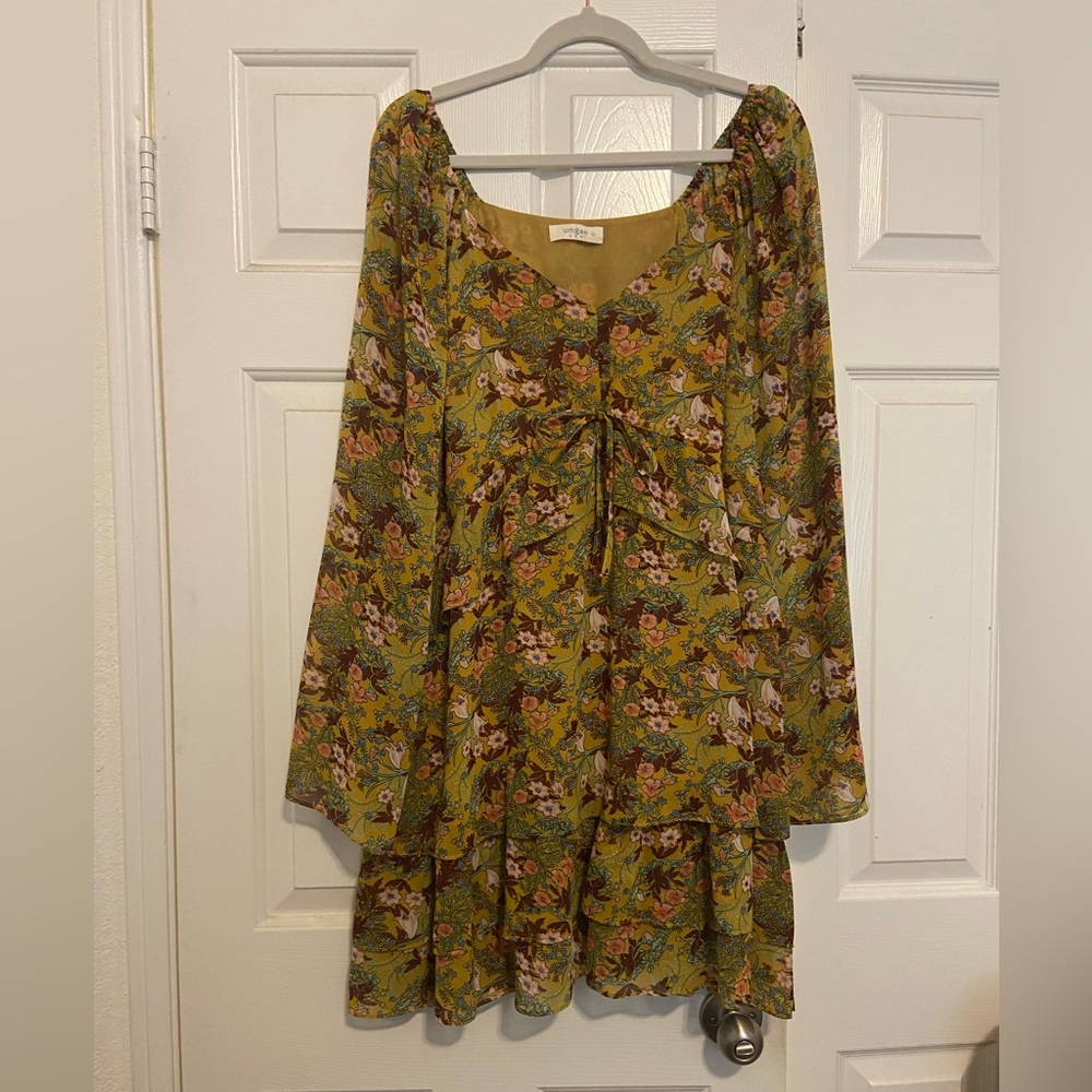 Mustard floral minidress with bell sleeves